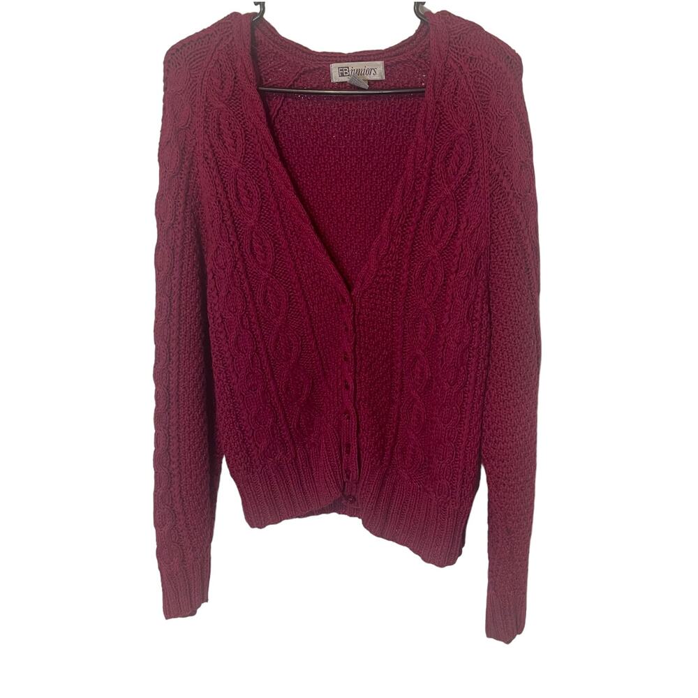 FB Juniors Vintage 90s Women Size Large Berry Pink Fisherman Knit Button Sweater
